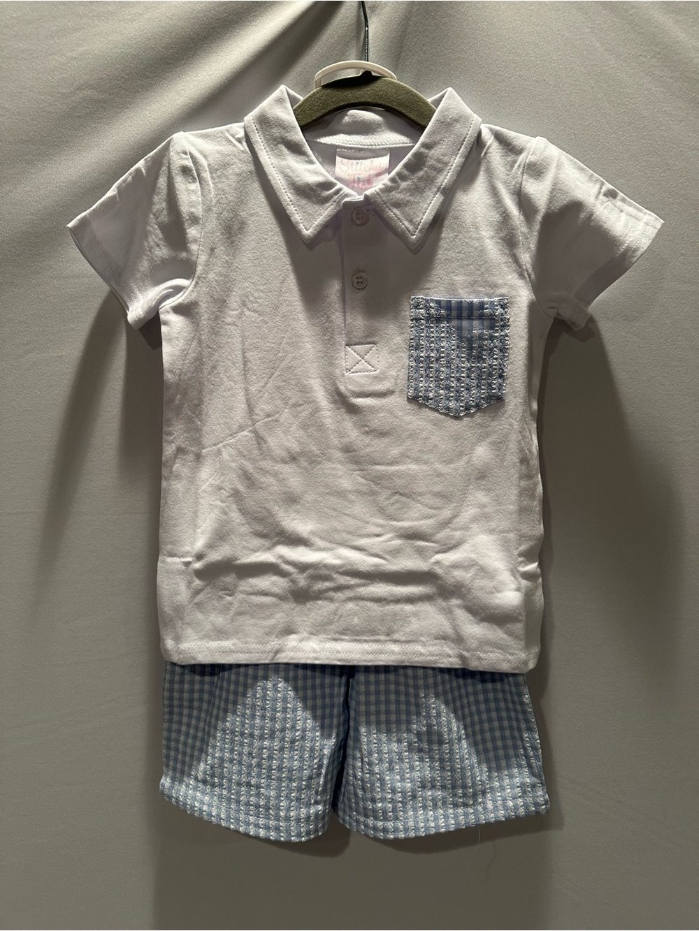 Toddler White Polo Set with Light Blue Gingham Pocket and Shorts